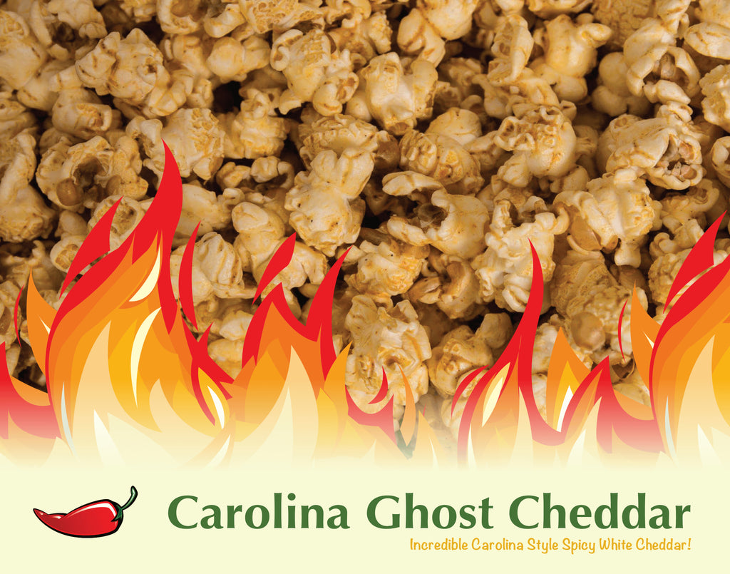 Carolina Ghost Cheddar Popcorn:  INFERNO (Medium Heat), Now available, WRATH (Caution very hot!)